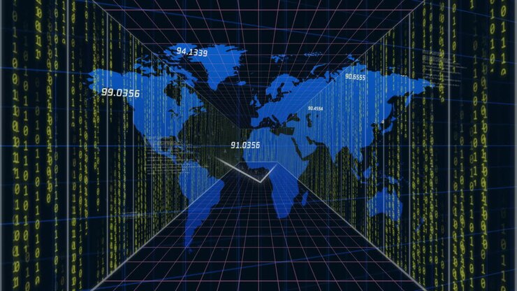 Animation of data processing and world map over digital tunnel