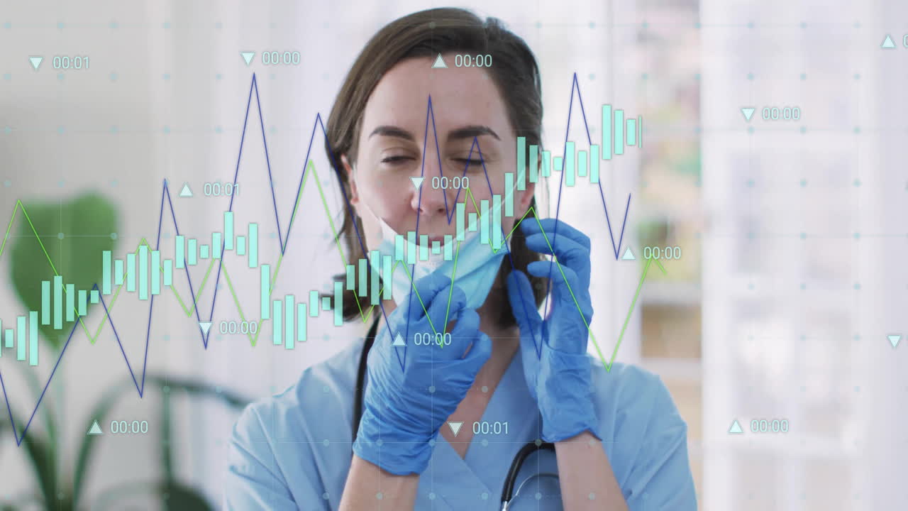 Doctor removing surgical mask in clinical office, with floating healthcare analytics charts