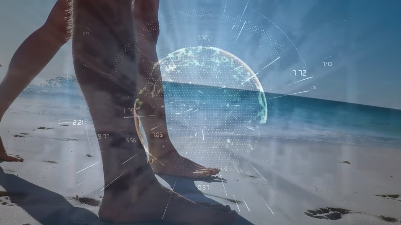 Animation of globe, numbers, rays against caucasian couple walking barefoot at sunny beach