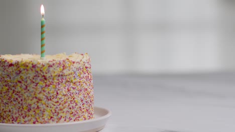 Studio-Shot-Birthday-Cake-Covered-With-Decorations-And-Single-Lit-Candle-3