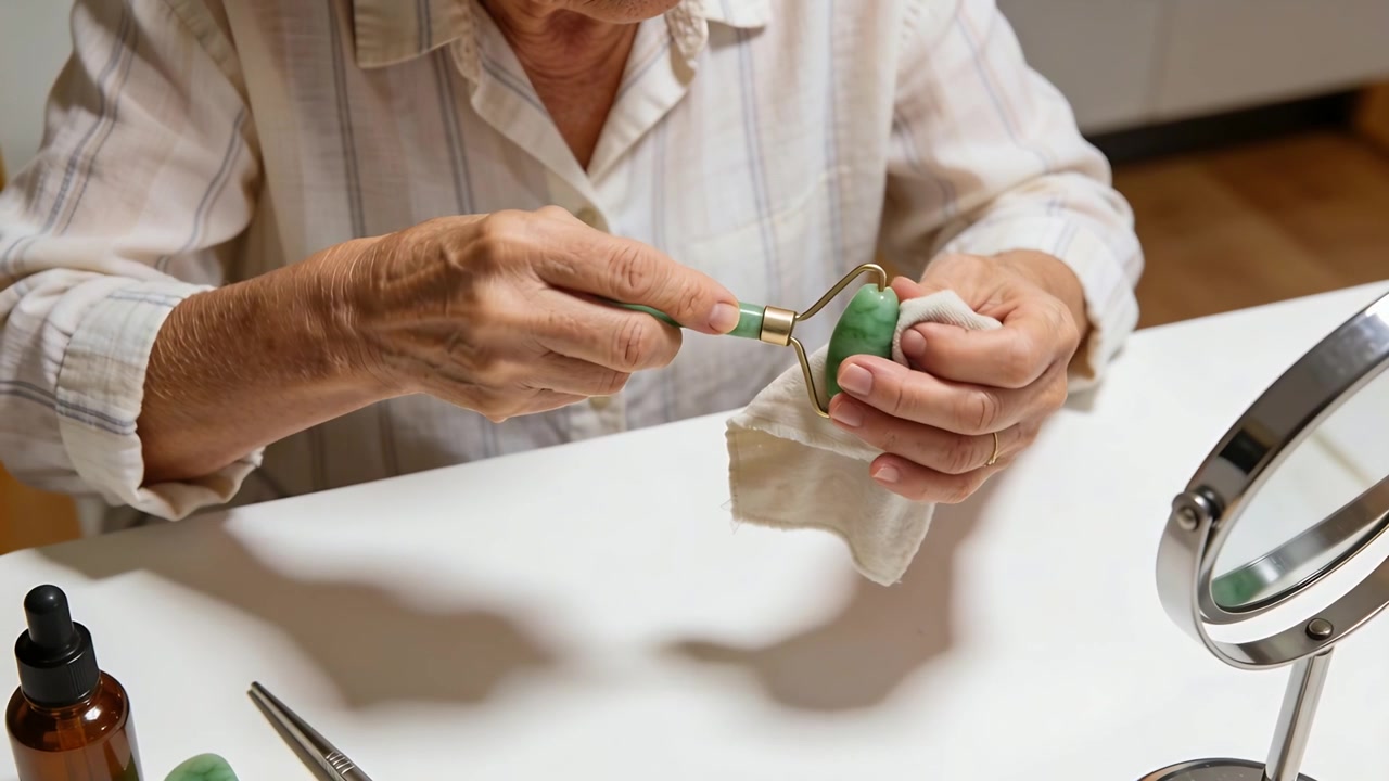 Bringing cloth, senior woman's hands wiping green facial roller at vanity, preparing for skincare