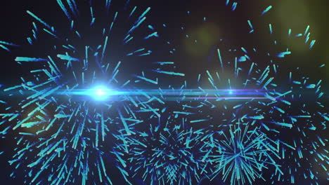 digital animation of fireworks exploding and yellow spots of light on black background