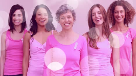 animation of lights over diverse group of a happy women