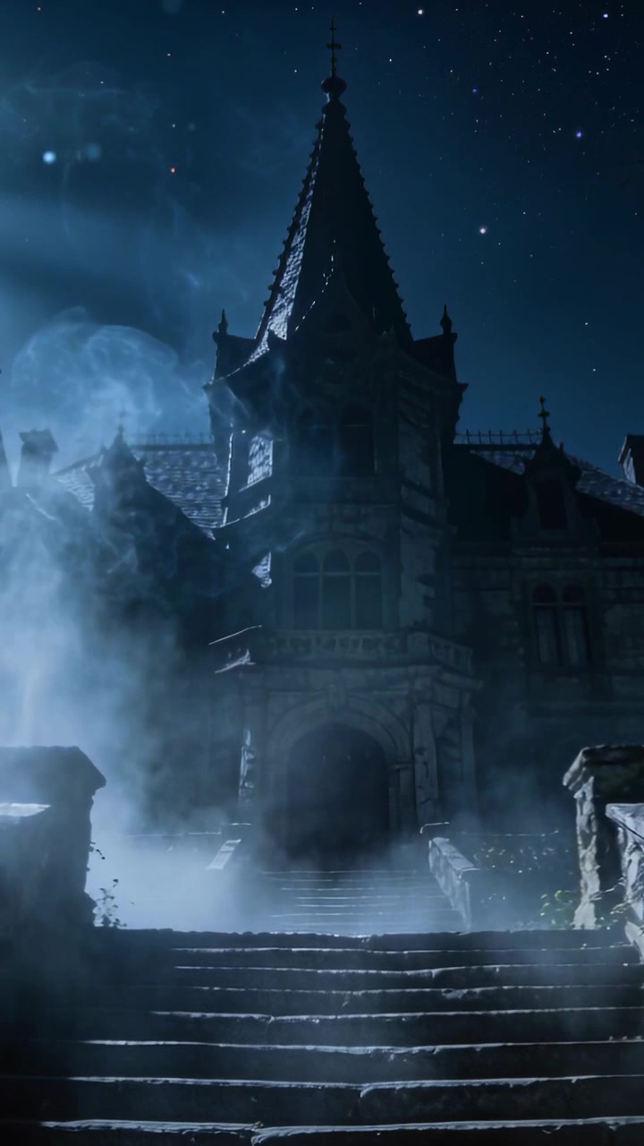 Video verticale: Mostra una villa gotica con torrette, scalini in pietra e nebbia che si dirada mentre la luna sorge formando un globo