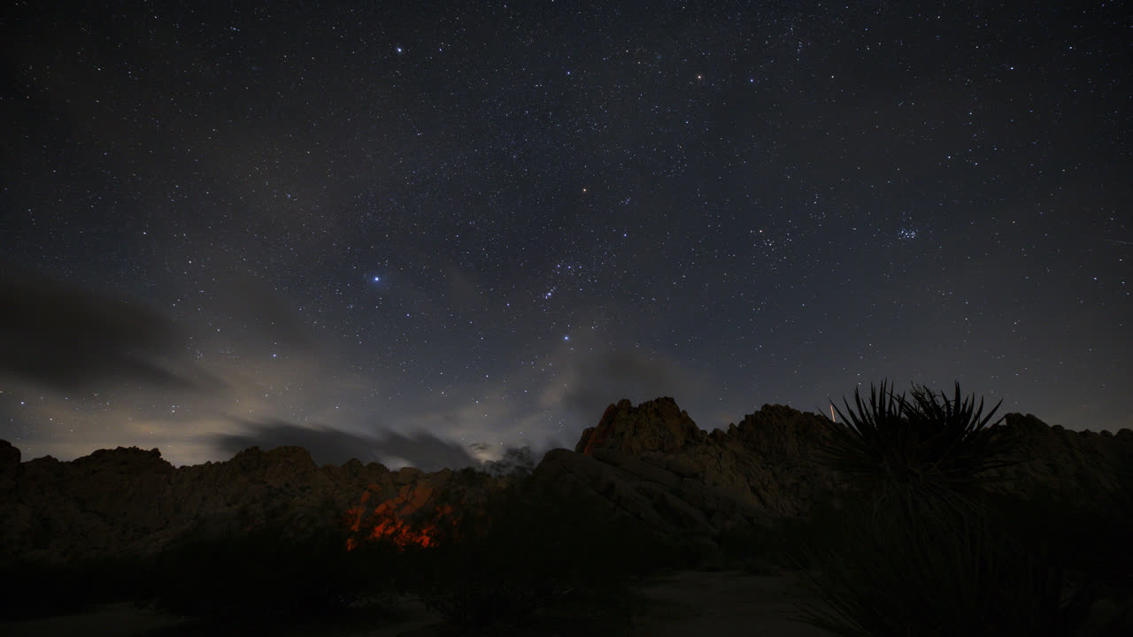 Timelapse di stelle davanti agli alberi di Joshua e a massi giganti in un Parco Nazionale