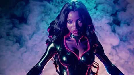 black superhero woman in futuristic leather suit