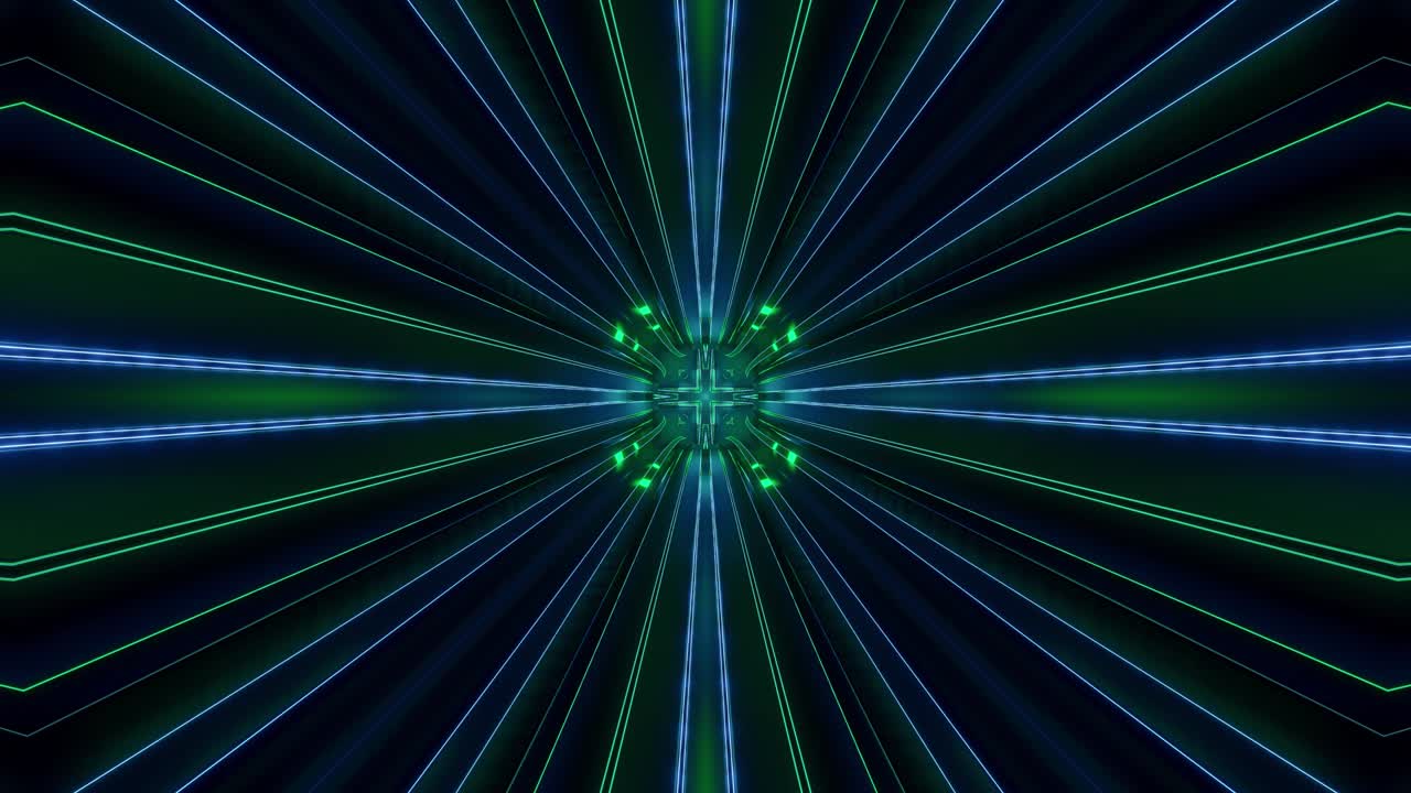 푸른 녹색 네온 조명과 함께 sf 터널 트랜스포머, 4k 루프 추상화 하이테크 터널, 카메라가 변화하는 터널을 날아다니며, 사이버 크 또는 하이 테크 미래의 스타일의 배경.