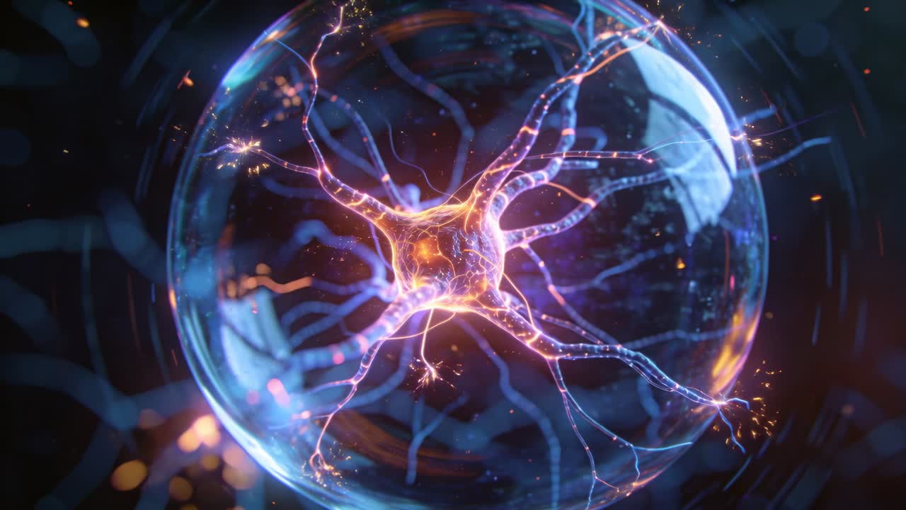 Pulsing glowing neuron sending beads along filaments after soma flare in glass sphere signaling
