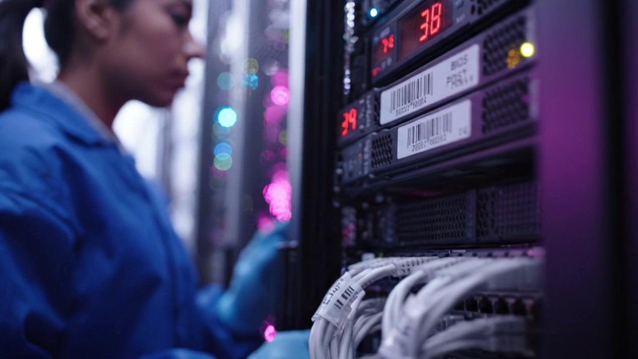 A technician maintains and monitors high-performance servers in a modern data center, ensuring optimal operation and connectivity in a vibrant technological environment.