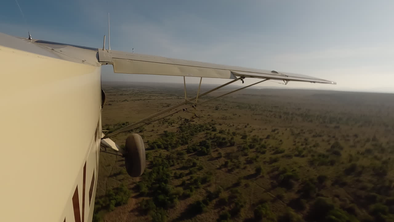 Kleines Flugzeug in Seitenansicht fliegt tief über der Savanne