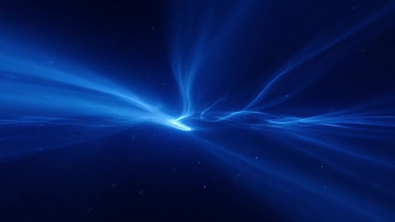 Onde di energia blu astratte che fluiscono attraverso lo spazio oscuro.