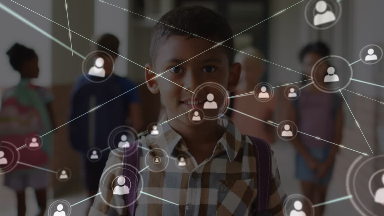 animación de la red de conexiones con iconos sobre diversos escolares