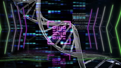 animación digital de código qr brillante contra la estructura de adn y cuadrados de mosaico sobre fondo negro