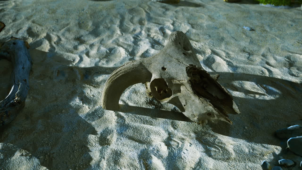 Nature reveals ancient artifact on sandy shore under bright sunlight