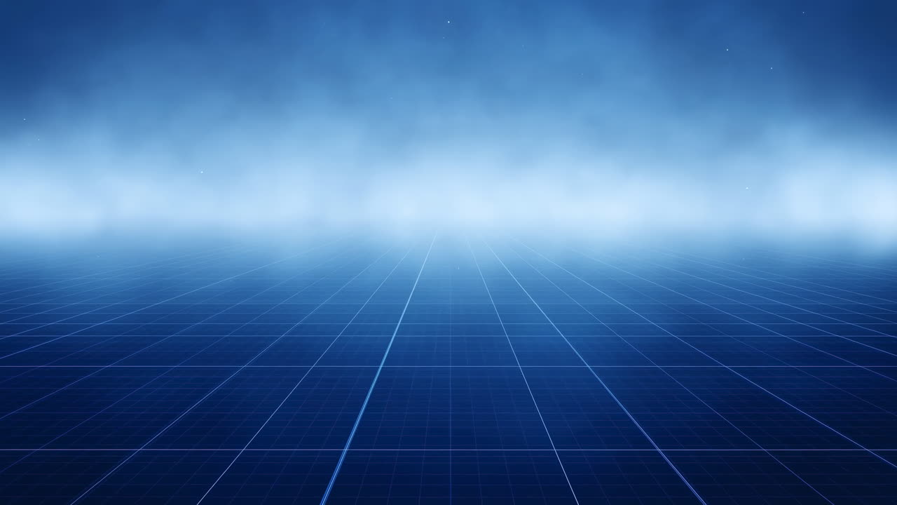 Blue Digital Grid Stage With Fog, Atmospheric Techno Backdrop With Low Fog And Glowing Neon Lines, Slow Dolly
