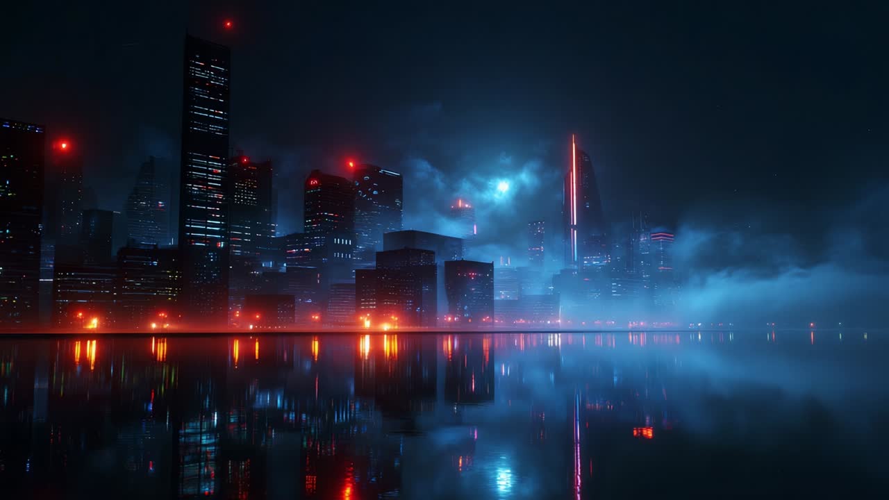 Un paesaggio urbano accattivante ed etereo di notte, immerso in luci al neon e avvolto in una nebbia misteriosa, che si riflette su acque calme, creando un'atmosfera enigmatica e futuristica di serenità urbana