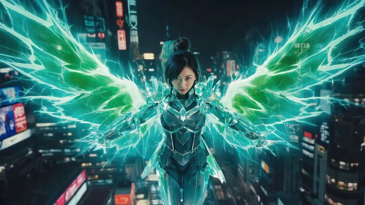Cyberpunk Woman with Energy Wings in Futuristic City