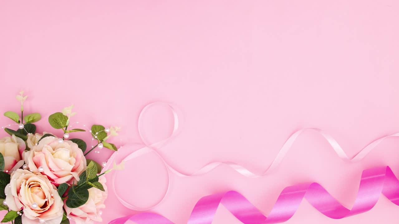 Romantic pink flowers ribbons and pearl move on bottom of pastel pink theme. Stop motion