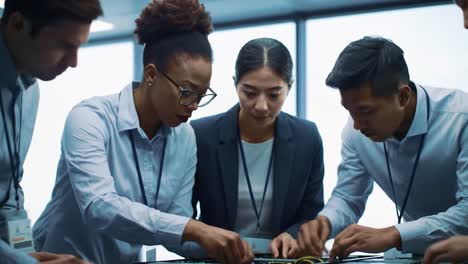 collaborative teamwork in action: professionals engaged in a dynamic discussion over project materials in a modern office environment