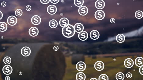 animación de iconos de dólares sobre el paisaje