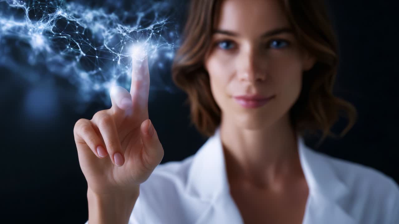 A woman with an engaged expression explores the intersection of technology and human interaction, as she touches a glowing connection, symbolizing innovation, connectivity, and the potential of modern advancements
