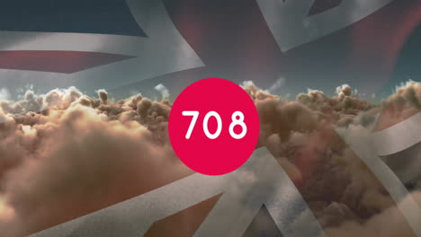 animation of counter over clouds and flag of united kingdom