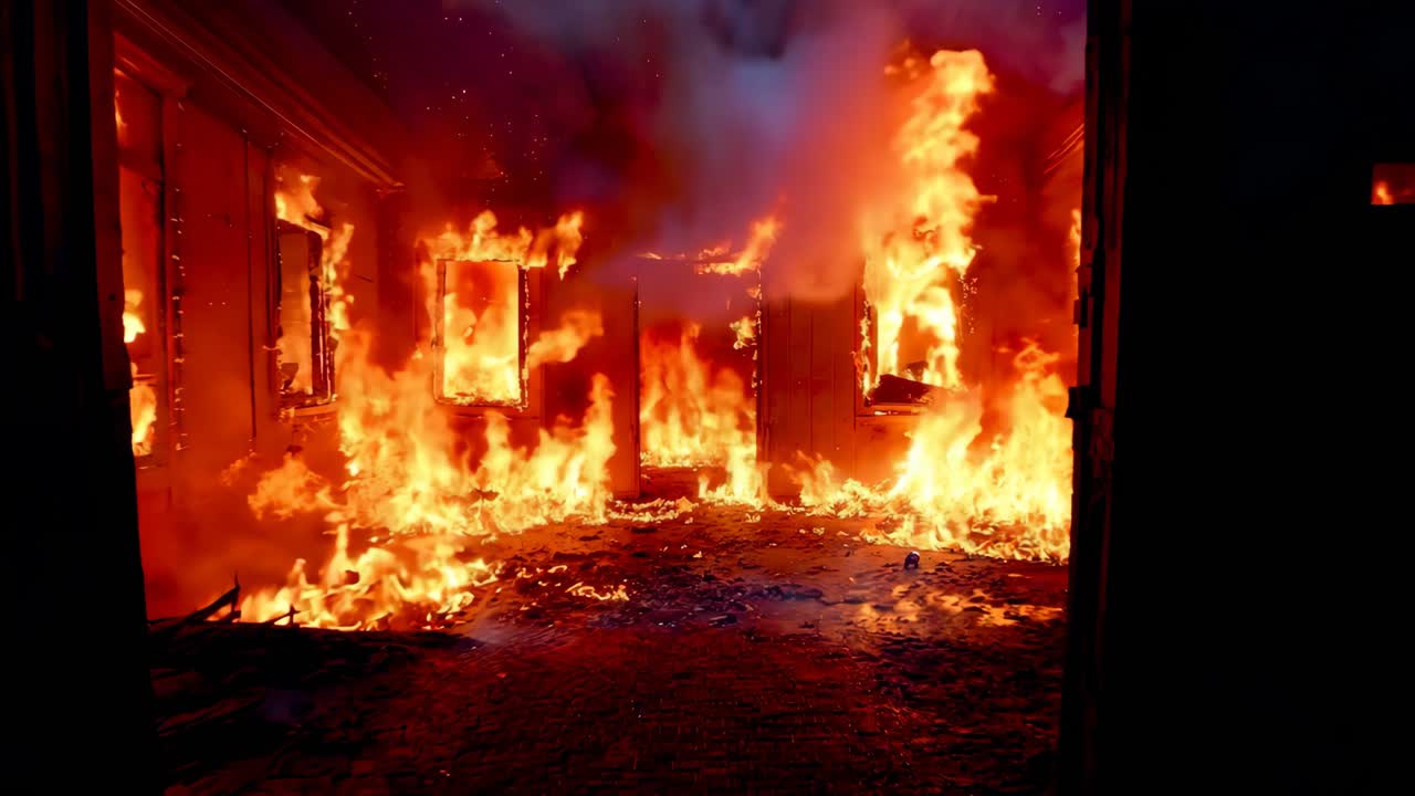 una habitación que está envuelta por llamas en un edificio