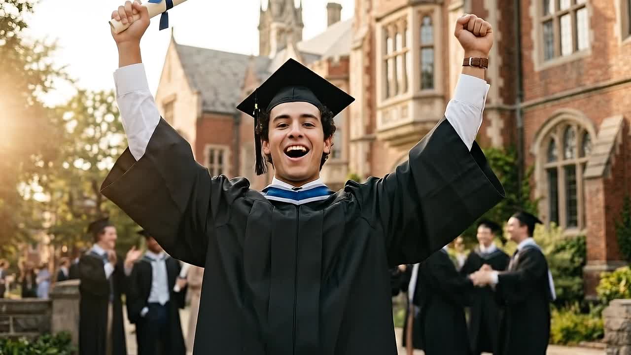 Neolaureato che celebra un traguardo con il diploma alzato e un'espressione gioiosa nel cortile di un'università storica