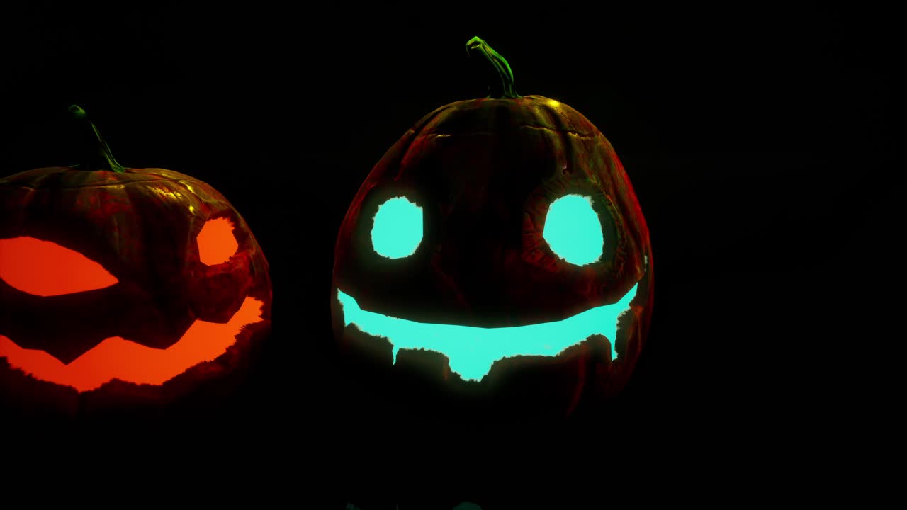 Jack O'Lanterns con bagliore neon a contrasto in un'ambientazione scura e suggestiva.