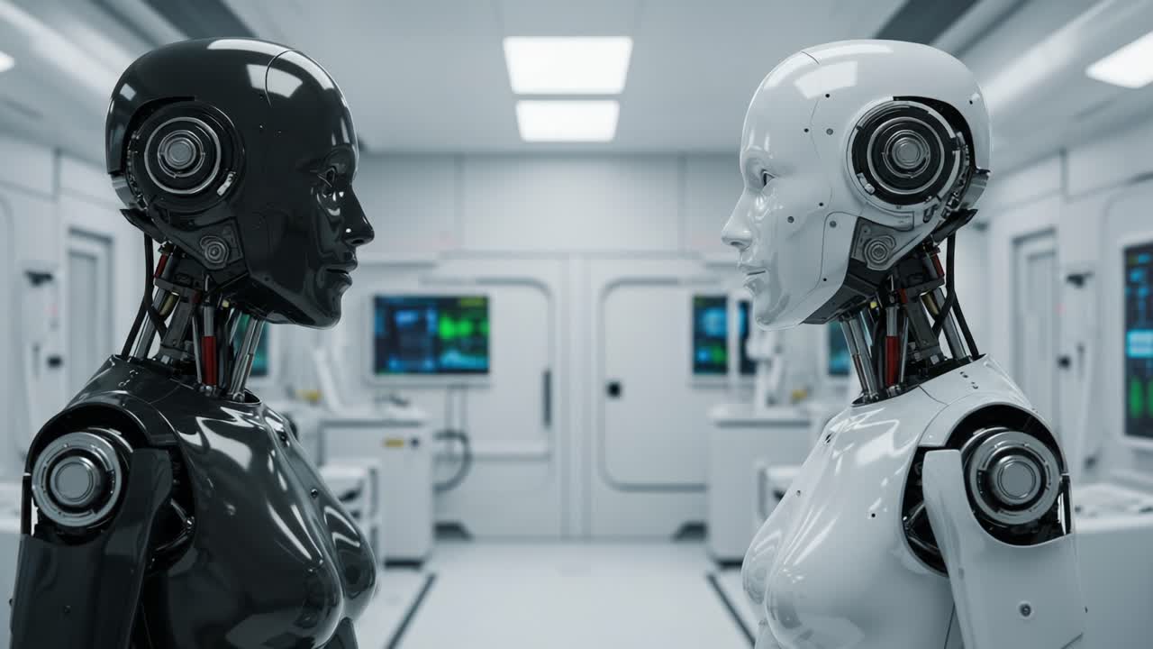 A Captivating Encounter Between a Black and White Robotic Duo in a Futuristic Lab Setting, Highlighting Advanced Technology and Human-like Features