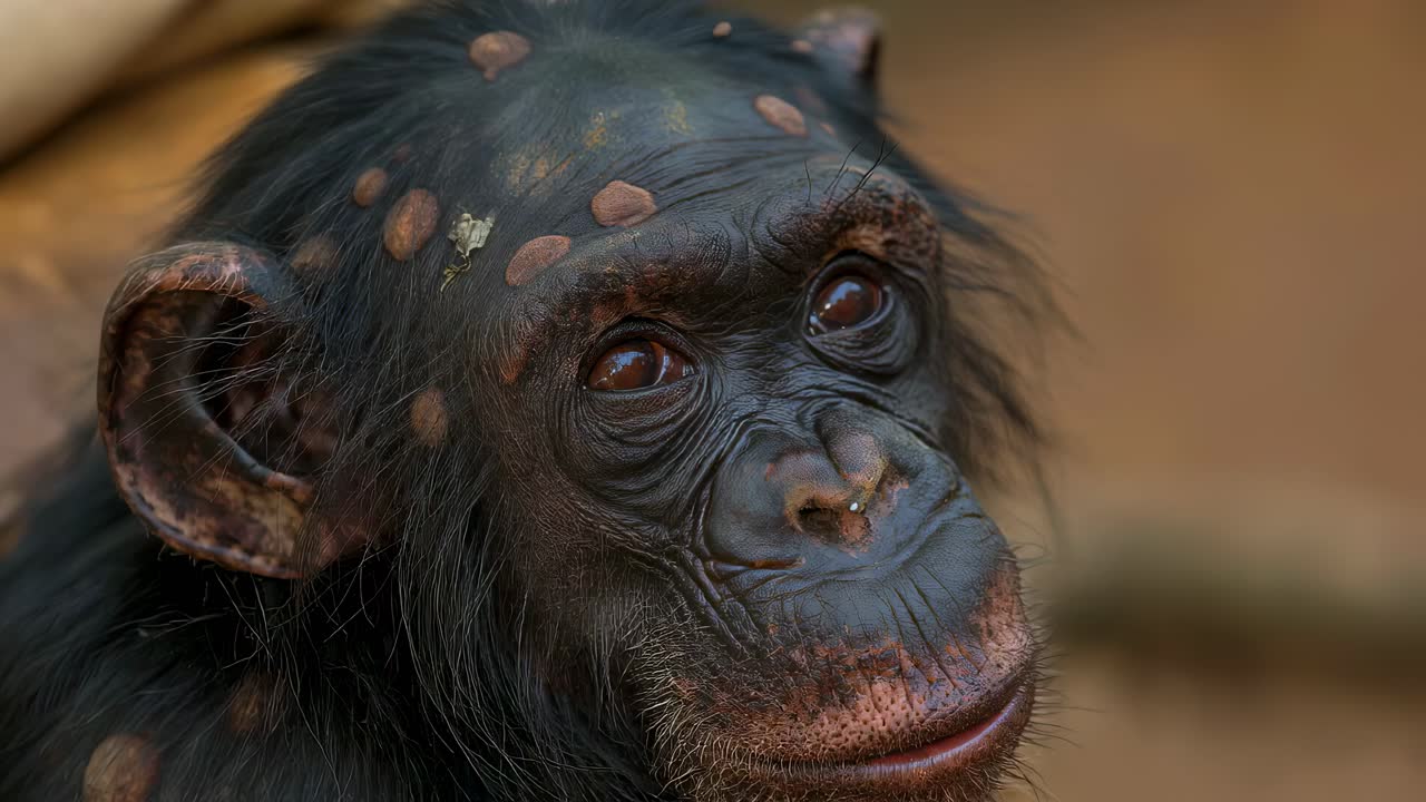 Young bonobo sitting quietly, gazing directly at viewer with contemplative expression, head slightly tilted, embodying gentle nature of primate species
