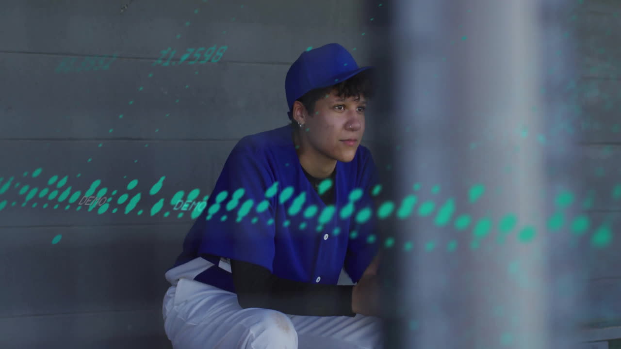 Female baseball player sitting in dugout, showing sports tech with floating data analytics overlay