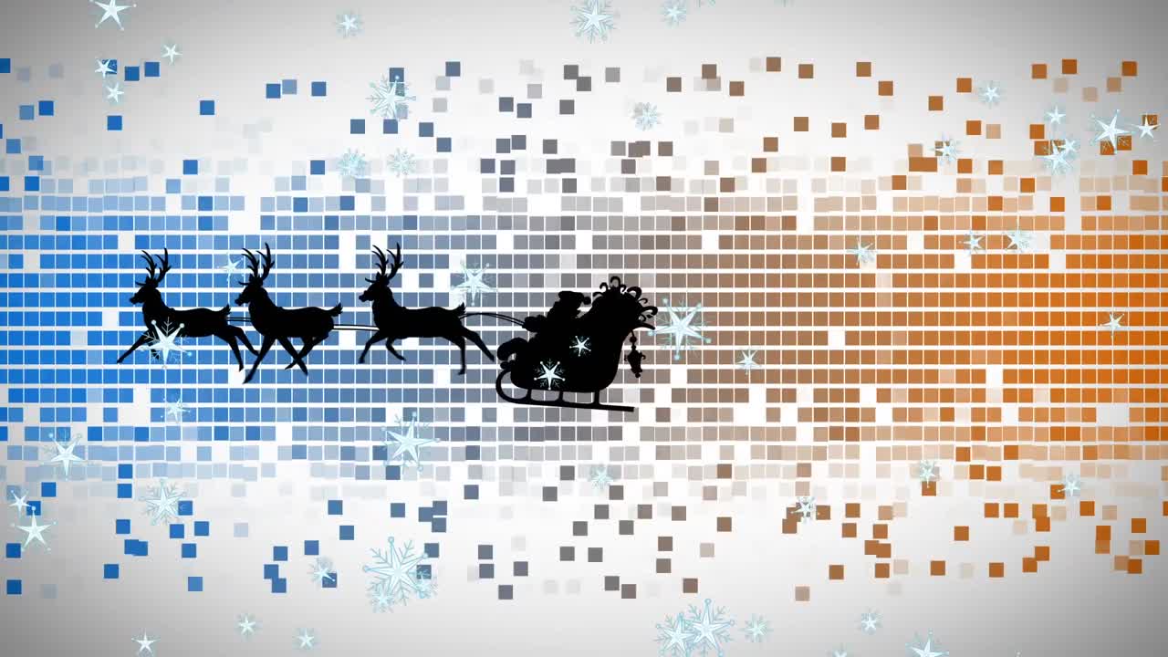 iconos de estrellas cayendo sobre santa claus en trineo siendo tirado por renos contra cuadrados de mosaico