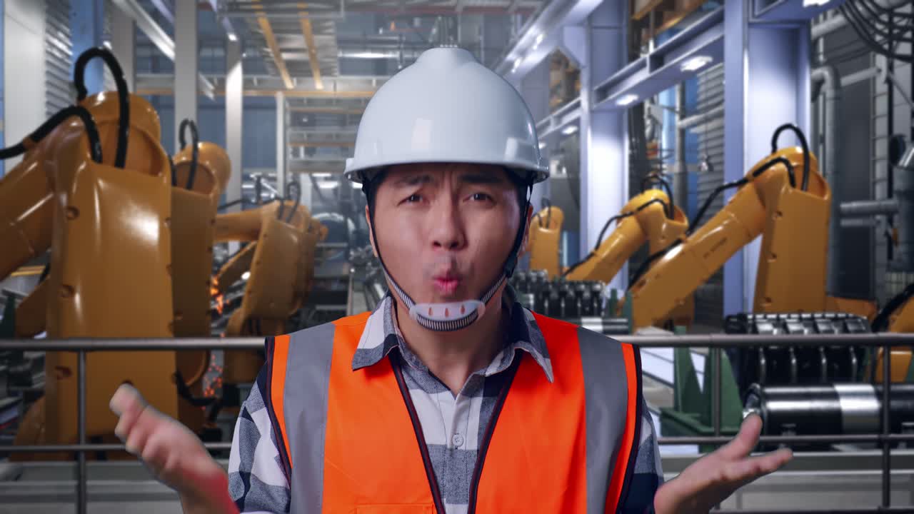 Close Up Of Wondering Asian Male Engineer With Safety Helmet Saying Why Working Doubtfully With Industrial Robotic Arms Working