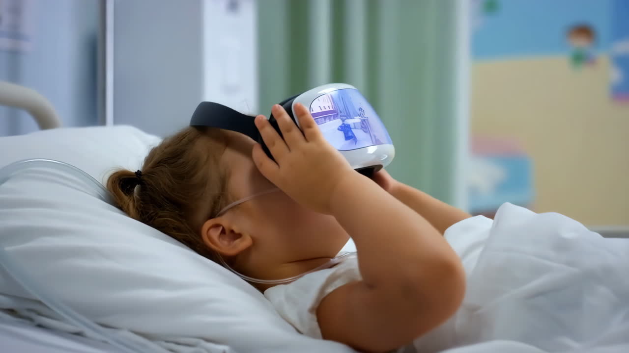 Young Child Patient Using VR Headset in Hospital Bed