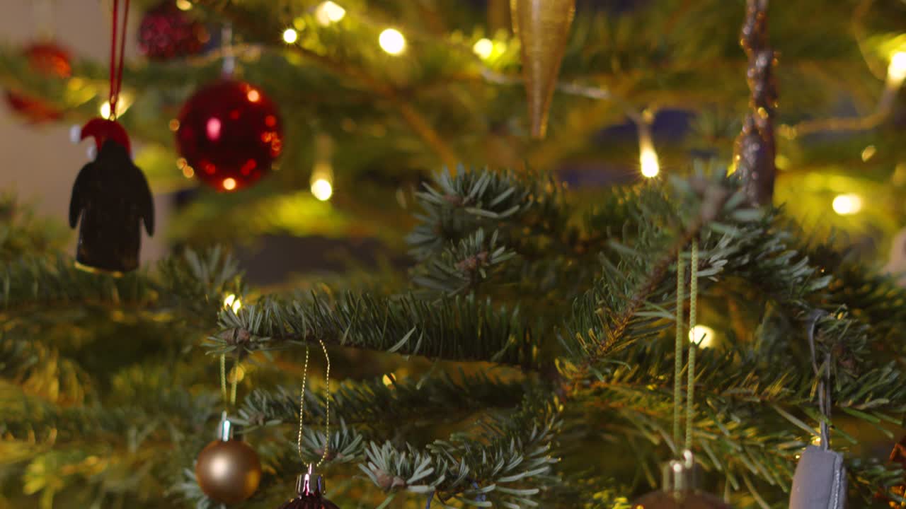 Rising Shot of Christmas Fir Tree with Ornaments Xmas Bourballs on Branches with Bright Lights. Holidays Seasonal Festive Footage 4K Video Background.