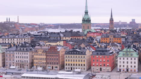 telephoto aerial view of iconic medieval architecture of gamla stan, stockholm