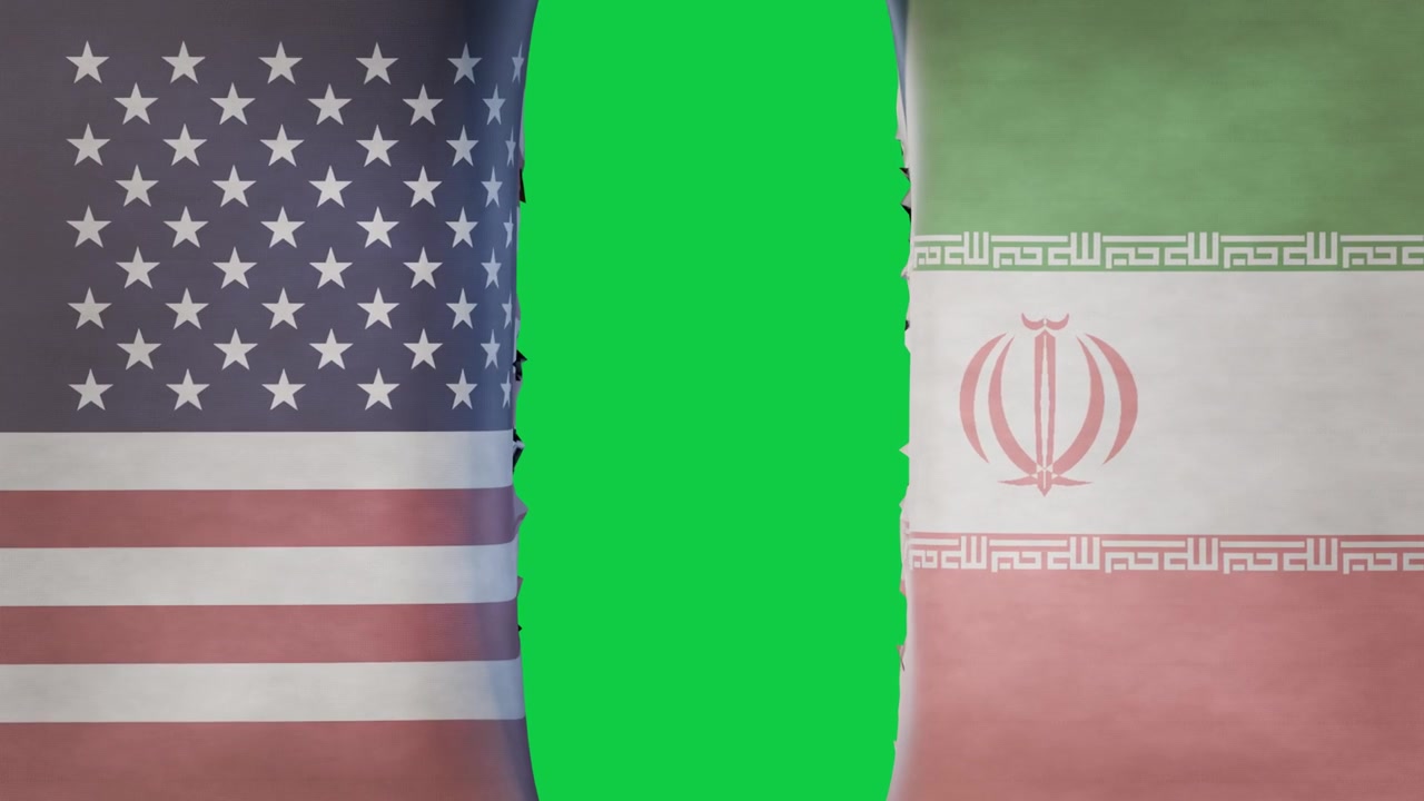 Center dimming starting, forming slit, US-Iran flags tearing, peeling, showing split on transparent