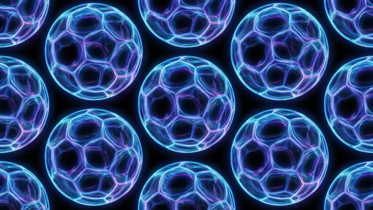 Motivo a ciclo continuo di sfere astratte al neon luminose