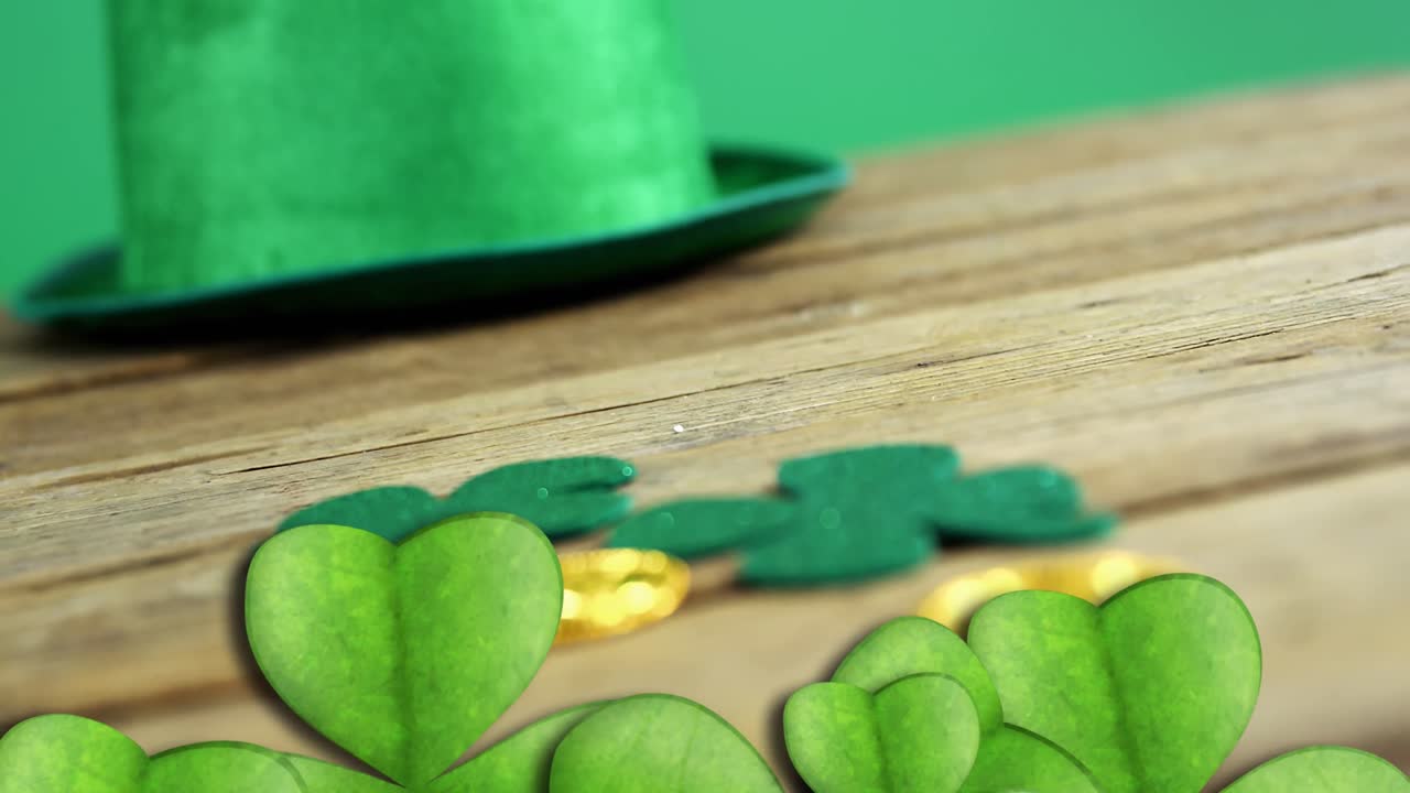 Animation of st patrick's day shamrock and green hat on green background