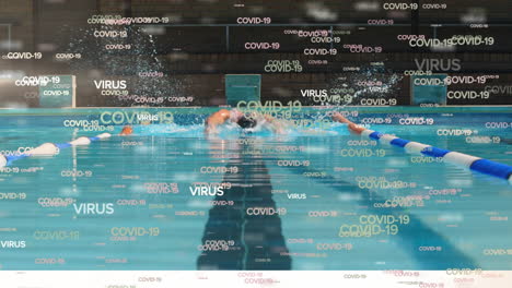 digital composite video of  virus covid-19 text against man swimming in the pool in background