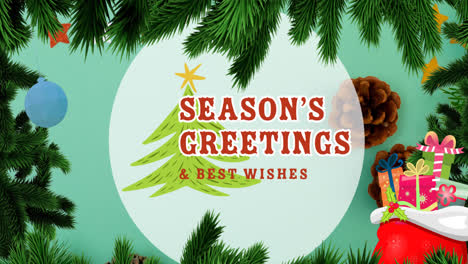 animation of season's greetings text over fir tree and decorations at christmas