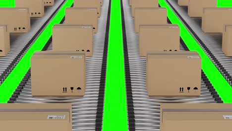 filas de cajas de embalaje de cartón que se mueven en cintas transportadoras con fondo de pantalla verde