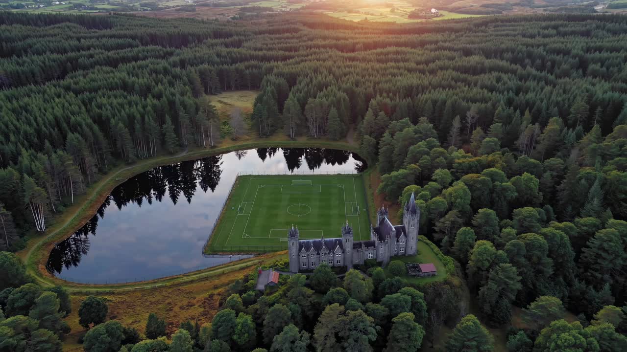 vista aérea de un castillo con un campo de fútbol y un estanque, rodeado de bosque