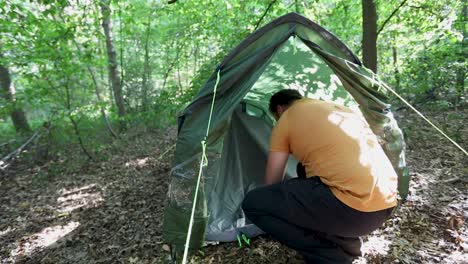 young man trying to set up a tent in woodland campsite, back handheld view