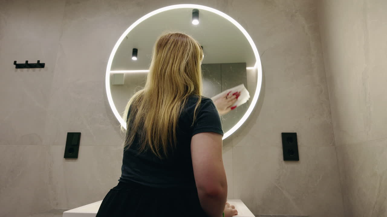 Woman Cleaning Bathroom Mirror
