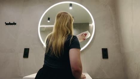 mujer limpiando el espejo del baño