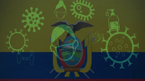 Animation-of-covid-19-virus-cells-and-digital-icons-over-flag-of-ecuador