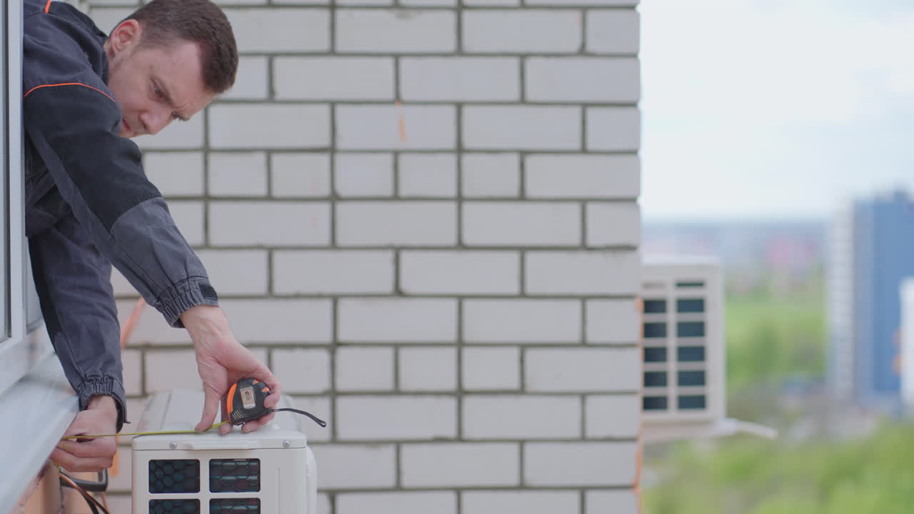The wizard checks the correct installation of the air conditioner unit. Fastening and installation of an external air conditioning unit on a high floor. Dangerous installation of air cooling systems.