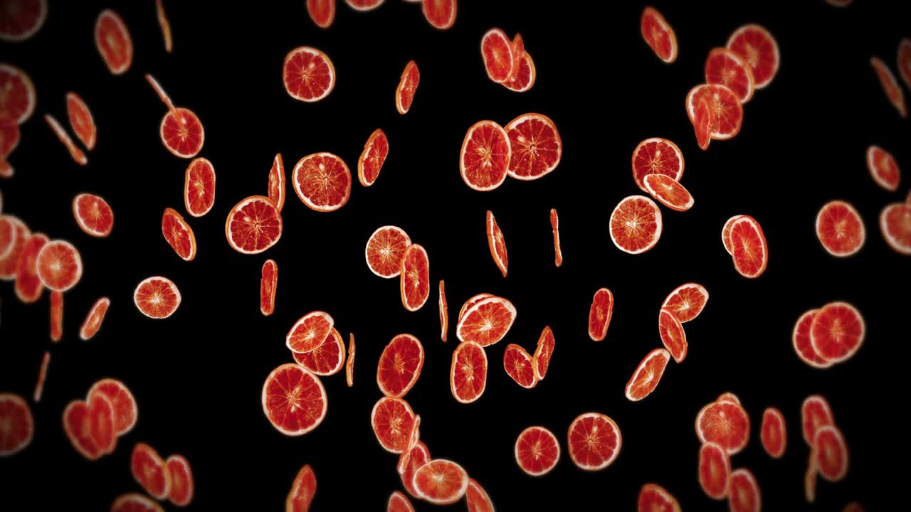 много сушеных апельсинов на черном фоне. обезвоженные фрукты, концепция еды. 3d-анимация нарезанных фруктов апельсины вращаются. цикл анимации.